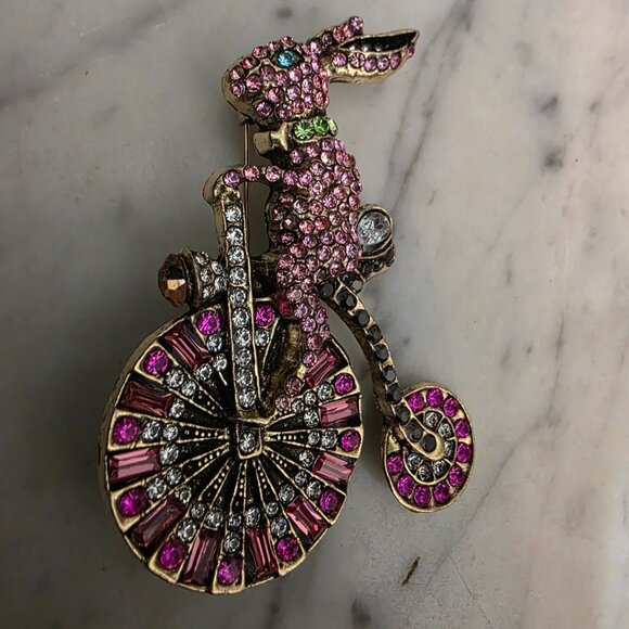 Rhinestone Rabbit Riding Bicycle Brooch Pink Crystal Easter Bunny Novelty Pin - Picture 3 of 4